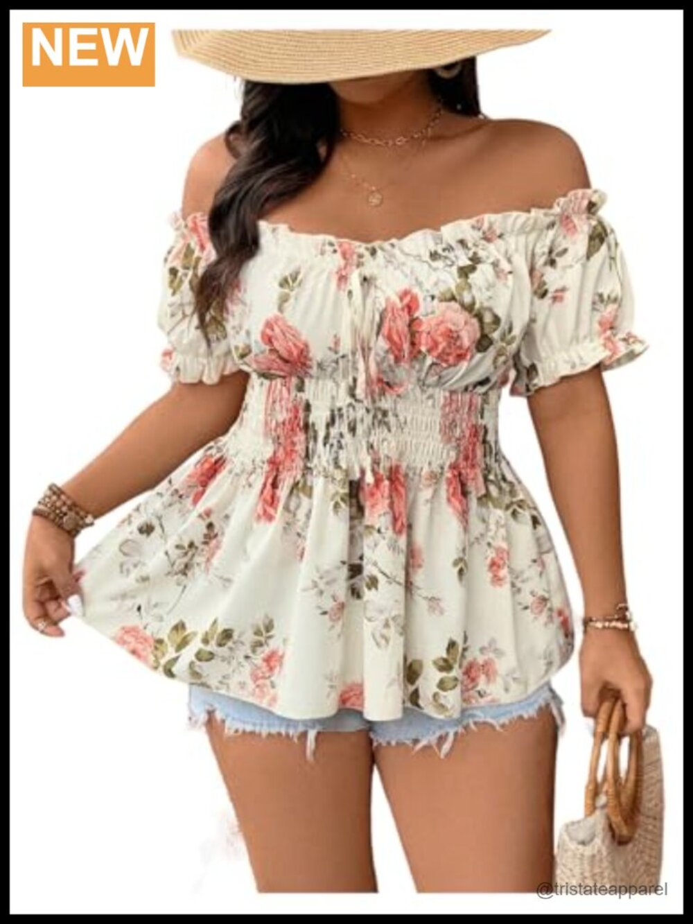 Plus Size Floral Off Shoulder Boho Peplum Blouse Short Sleeve